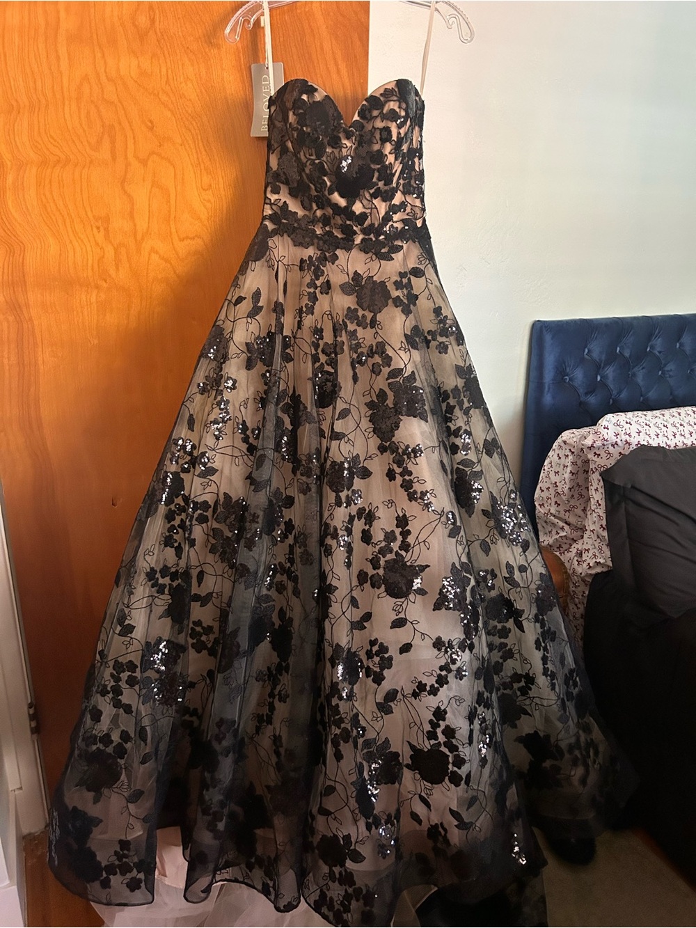 Nude and Black Floral Sequin Strapless Ball Gown Dress